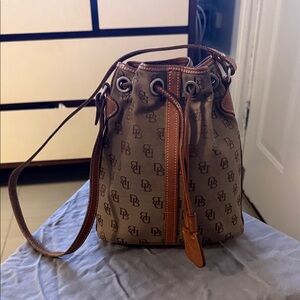 Dooney & Bourke Brown Logo Drawstring Bucket Shoulder Bag